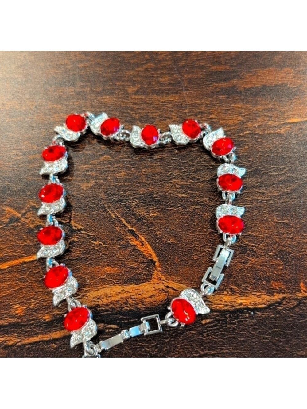 Zircon tennis bracelet,red zircon stones and silver plated extra length 8.25". - Picture 2 of 4